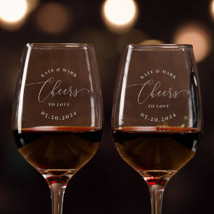 Elegant Calligraphy Cheers to Love Wedding Gift Wine Glass