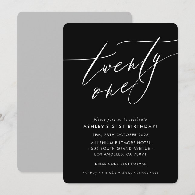 ELEGANT Calligraphy chic 21st birthday black white Invitation (Front/Back)