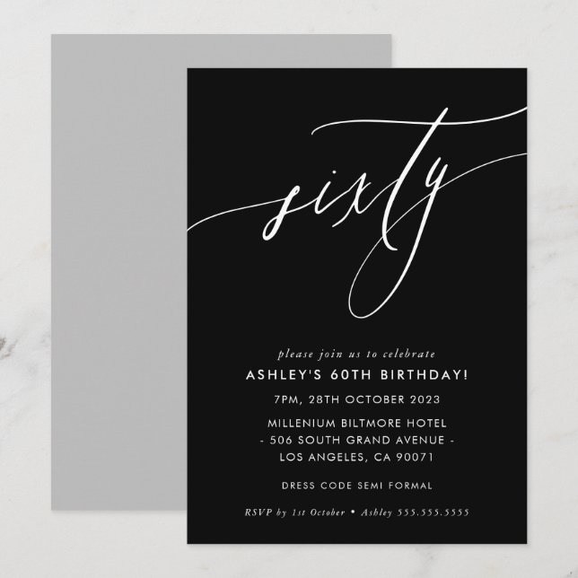 ELEGANT Calligraphy chic 60th birthday black white Invitation (Front/Back)