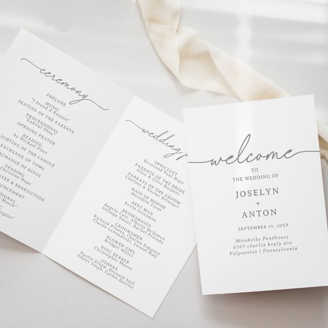 Elegant Calligraphy Chic Gray Folded Wedding Program (Creator Uploaded)