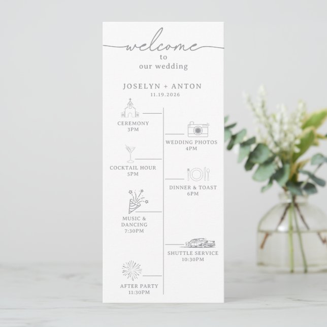 Elegant Calligraphy Chic Gray Timeline Wedding Program (Standing Front)