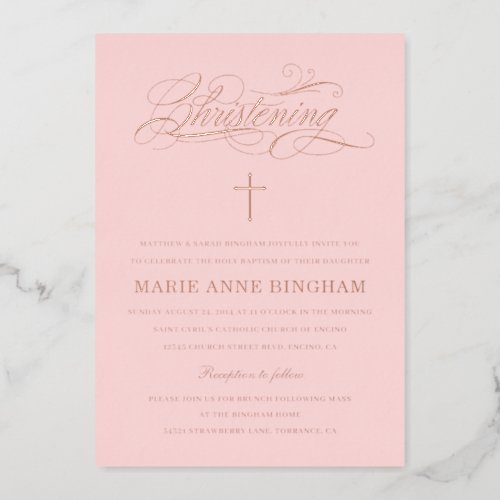 Elegant Calligraphy Christening Blush Rose Foil Invitation