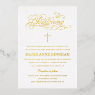 Elegant Calligraphy Christening Gold Foil Invitation