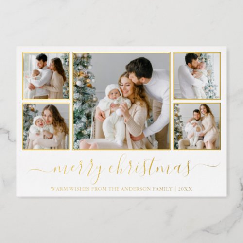 Elegant Calligraphy Christmas 5 Photo Frames Gold  Foil Holiday Card