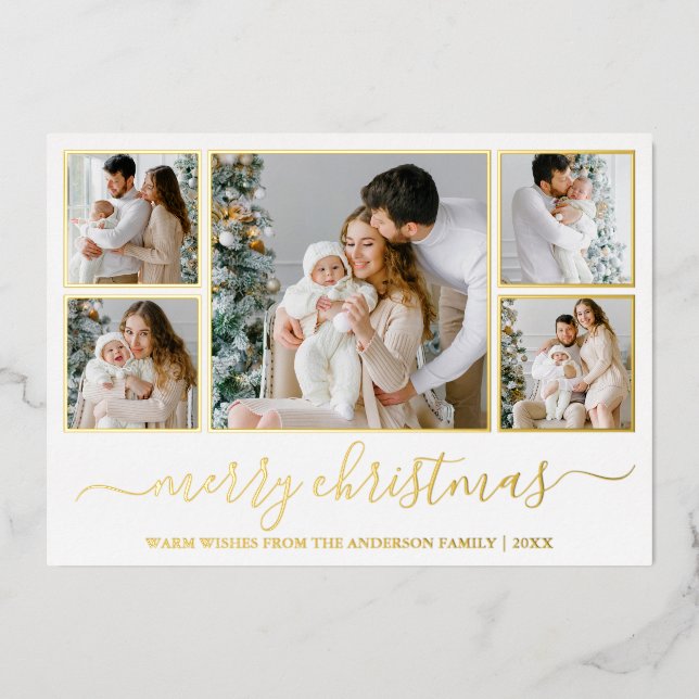 Elegant Calligraphy Christmas 5 Photo Frames Gold  Foil Holiday Card (Front)