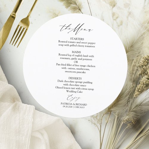 Elegant Calligraphy Circle Wedding Menu Card