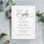 Elegant Calligraphy Classic 80th Birthday Party Invitation<br><div class="desc">Plan an elegant 80th birthday celebration with this classic white party invitation featuring lovely calligraphy script spelling out "Eighty" in formal style. This tasteful gender-neutral invitation has a double lined frame in subtle silver-gray surrounding your text. Personalize the easy-to-use text template with your event details. For your convenience, this invitation...</div>
