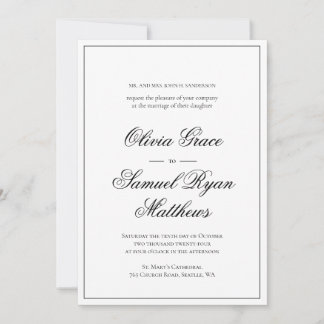 Elegant Calligraphy Classic Border White Wedding Invitation