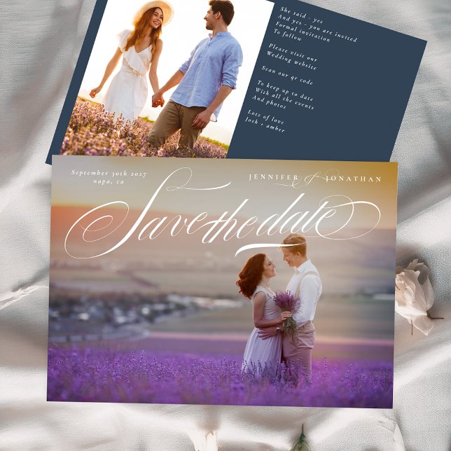 Elegant Calligraphy Classic QR Code Two Photo Save The Date (Creator Uploaded)