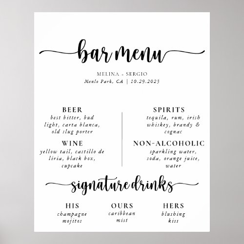 Elegant Calligraphy Classic Wedding Bar Menu Poster