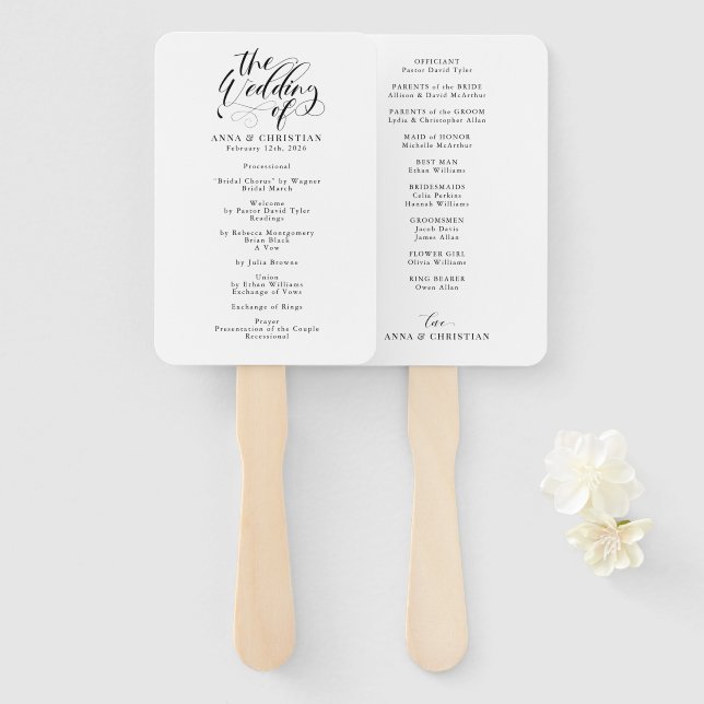 Elegant Calligraphy Classic Wedding Program Hand Fan (Front and Back)