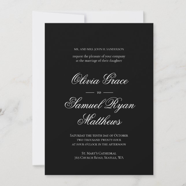 Elegant Calligraphy Classic White Black Wedding Invitation (Front)