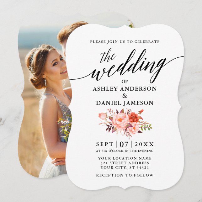Elegant Calligraphy Coral Floral Photo Wedding Invitation (Front/Back)