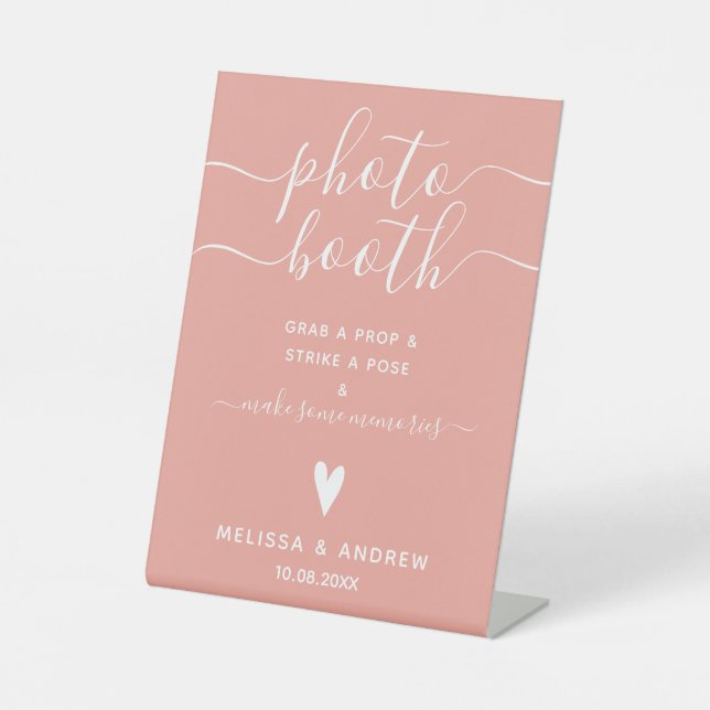 Elegant Calligraphy Coral Pink Wedding Photobooth Pedestal Sign (Front)