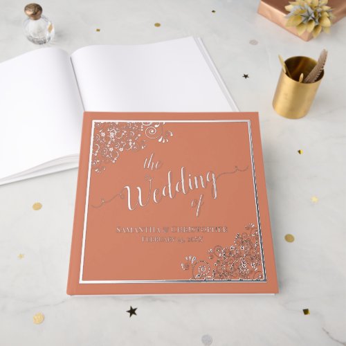 Elegant Calligraphy Coral  Silver Foil Wedding Foil Guest Book