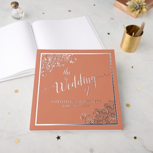 Elegant Calligraphy Coral & Silver Foil Wedding Guest Book