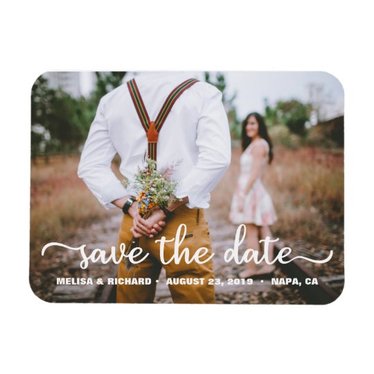 Elegant Calligraphy Couple Photo Save The Date Magnet