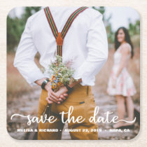 Elegant Calligraphy Couple Photo Save The Date Square Paper Coaster Elegant Calligraphy Couple Photo Save The Date Square Paper Coaster