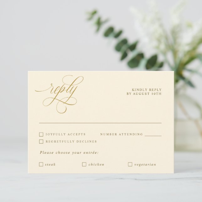 Elegant Calligraphy Cream Gold Meal Choice RSVP Card (Standing Front)