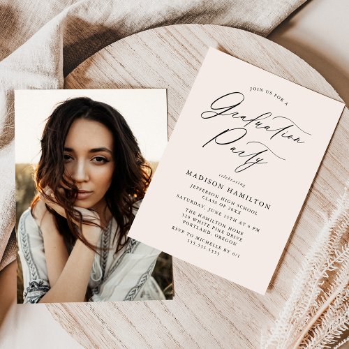 Elegant Calligraphy Cream Photo Graduation Party Invitation