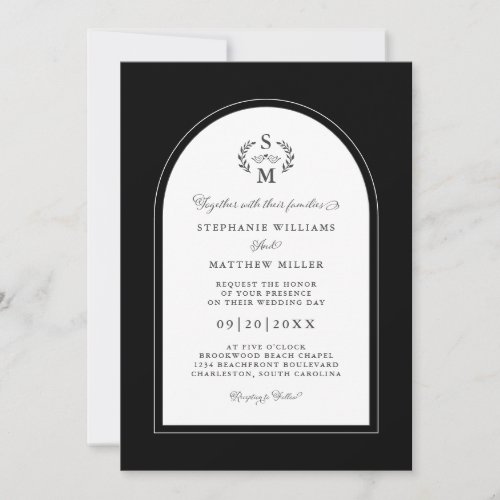 Elegant Calligraphy Crest Arch Wedding Black White Invitation