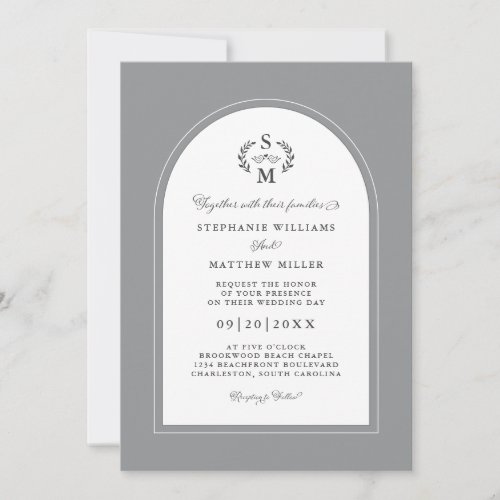 Elegant Calligraphy Crest Arch Wedding Gray White Invitation