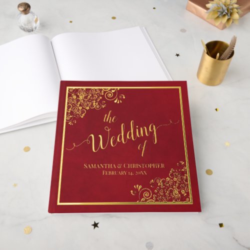 Elegant Calligraphy Crimson Red Gold Foil Wedding Foil Guest Book