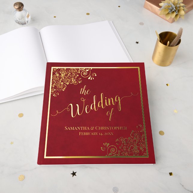 Elegant Calligraphy Crimson Red Gold Foil Wedding Foil Guest Book (Front Open)
