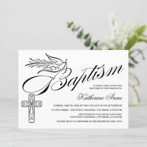 Elegant Calligraphy Cross and Dove Baptism Invitation