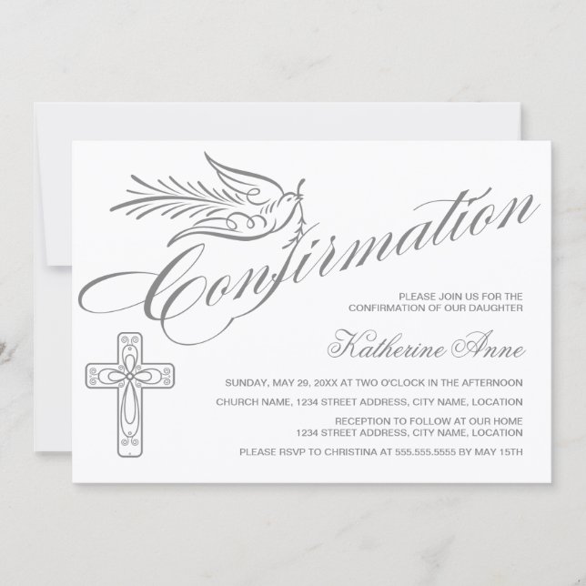 Elegant Calligraphy Cross and Dove Confirmation Invitation (Front)