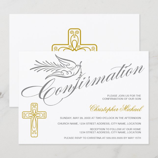 Elegant Calligraphy Cross and Dove Confirmation Invitation (Front/Back)