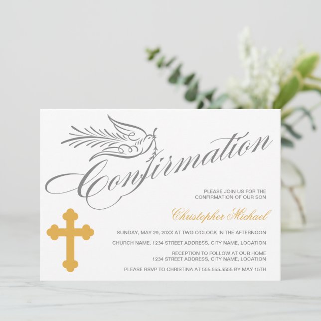 Elegant Calligraphy Cross and Dove Confirmation Invitation (Standing Front)