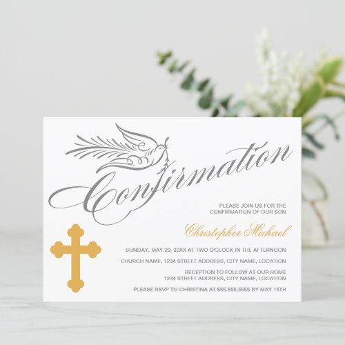 Elegant Calligraphy Cross and Dove Confirmation Invitation