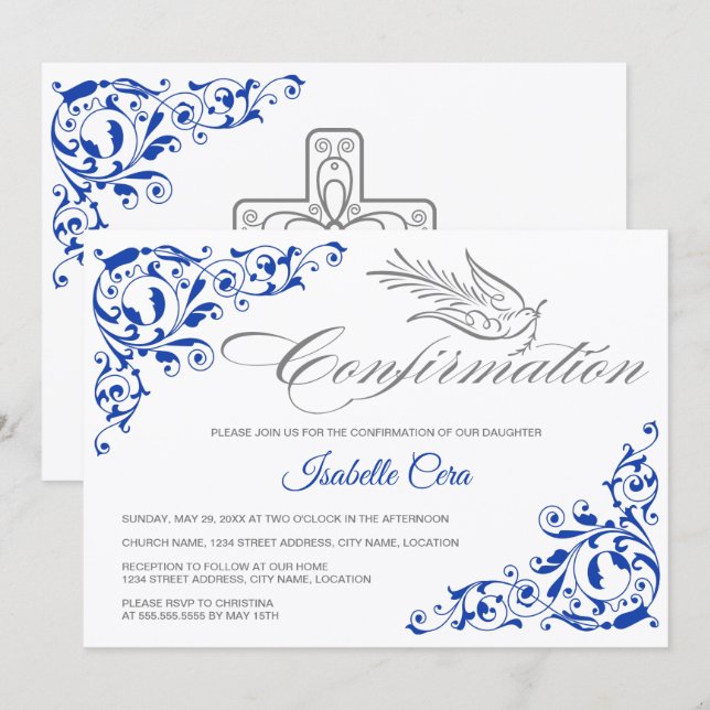 Elegant Calligraphy Cross and Dove Confirmation Invitation (Front/Back)