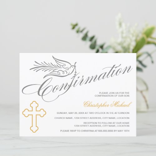 Elegant Calligraphy Cross and Dove Confirmation Invitation
