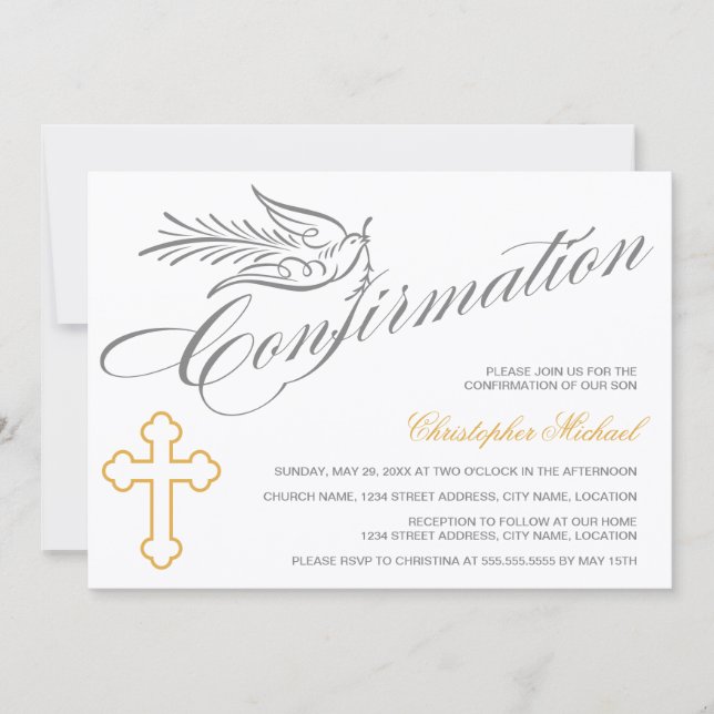 Elegant Calligraphy Cross and Dove Confirmation Invitation (Front)