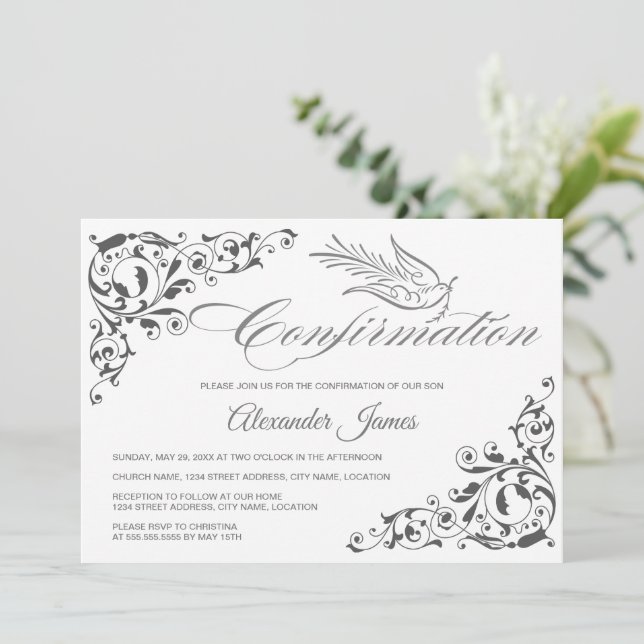 Elegant Calligraphy Cross and Dove Confirmation Invitation (Standing Front)