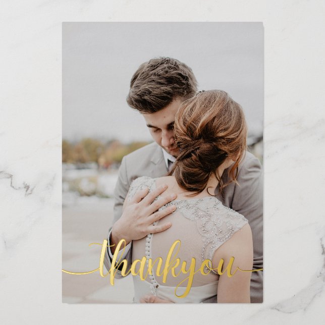 Elegant Calligraphy Custom Wedding Photo Thank You Foil Holiday Card (Front)