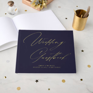 Elegant Calligraphy Dark Blue Gold Foil Wedding Foil Guest Book