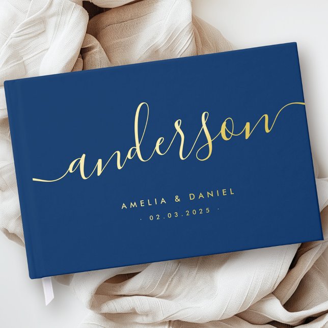 Elegant calligraphy dark blue wedding real foil foil guest book  (Elegant calligraphy dark blue wedding real foil guest book)