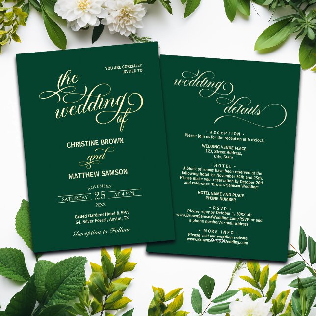 Elegant Calligraphy Details on Back Teal Wedding Foil Invitation (Creator Uploaded)