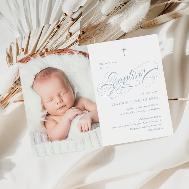Elegant Calligraphy Dusty Blue Boys Photo Baptism Invitation (Elegant calligraphy dusty blue boys photo baptism invitation.)
