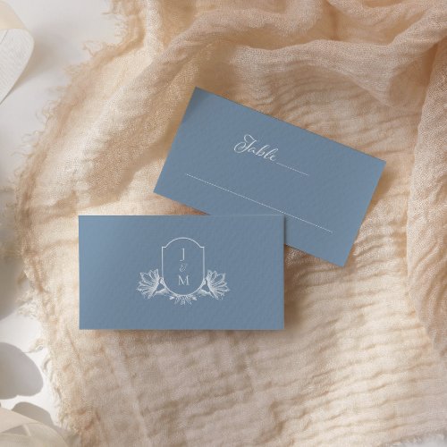 Elegant Calligraphy Dusty Blue Crest Place Card