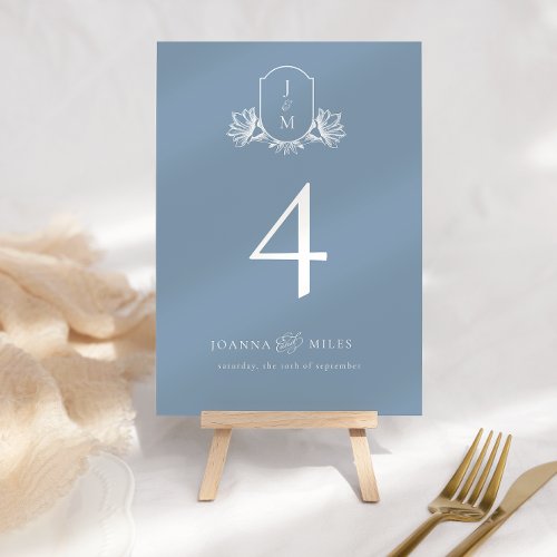 Elegant Calligraphy Dusty Blue Crest Table Number
