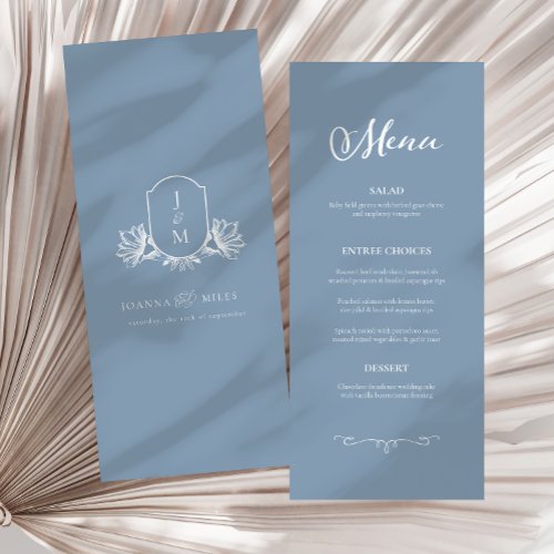 Elegant Calligraphy Dusty Blue Crest Wedding Menu