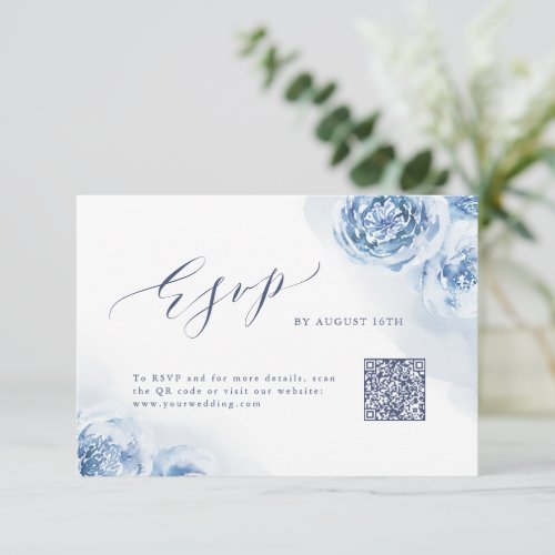 Elegant calligraphy dusty blue floral QR code RSVP Card