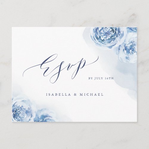 Elegant calligraphy dusty blue floral RSVP Invitation Postcard