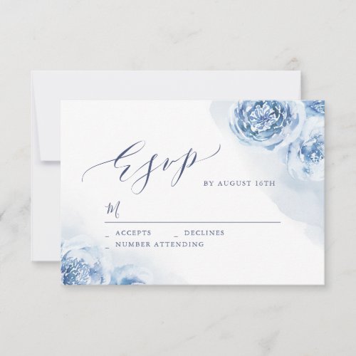 Elegant calligraphy dusty blue floral wedding RSVP card