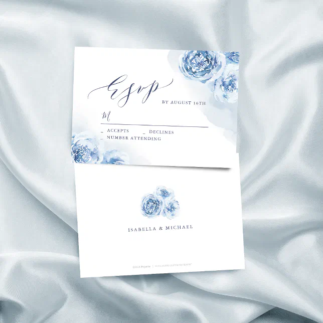 Elegant calligraphy dusty blue floral wedding RSVP card | Zazzle