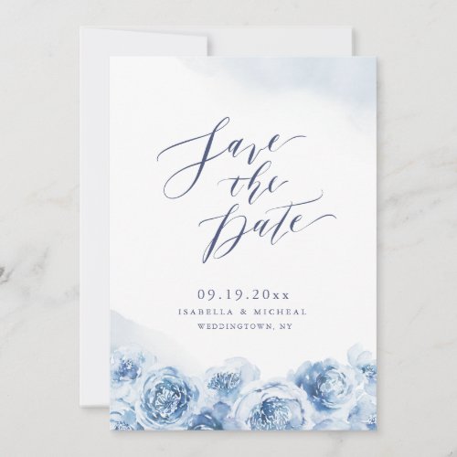 Elegant calligraphy dusty blue floral wedding save the date
